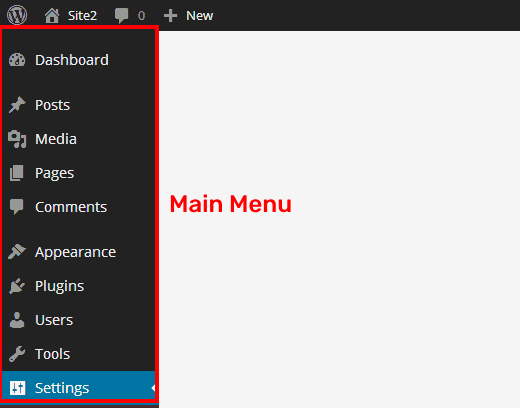 WordPress Dashboard Main Menu