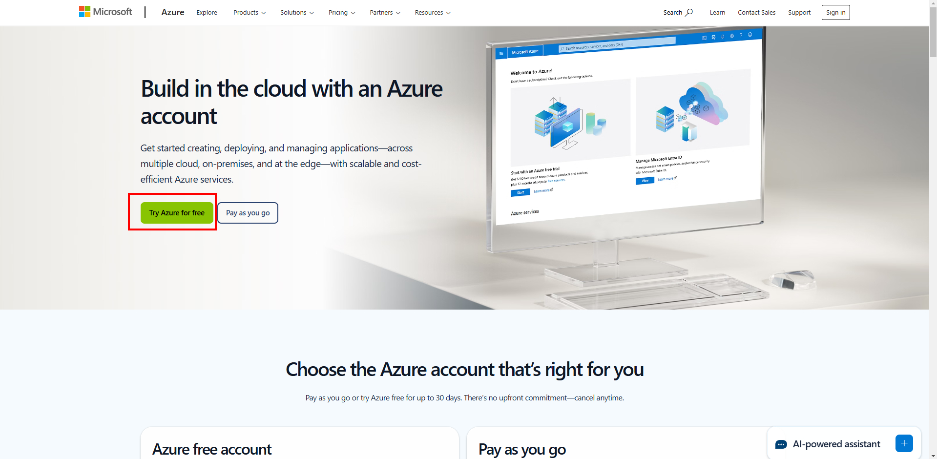 step 1 visit azure website Azure ฟรี