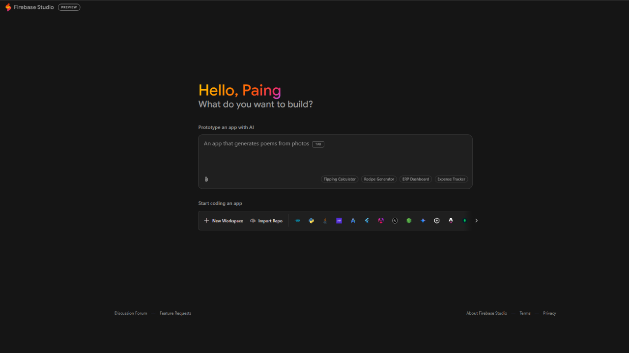 Firebase start page